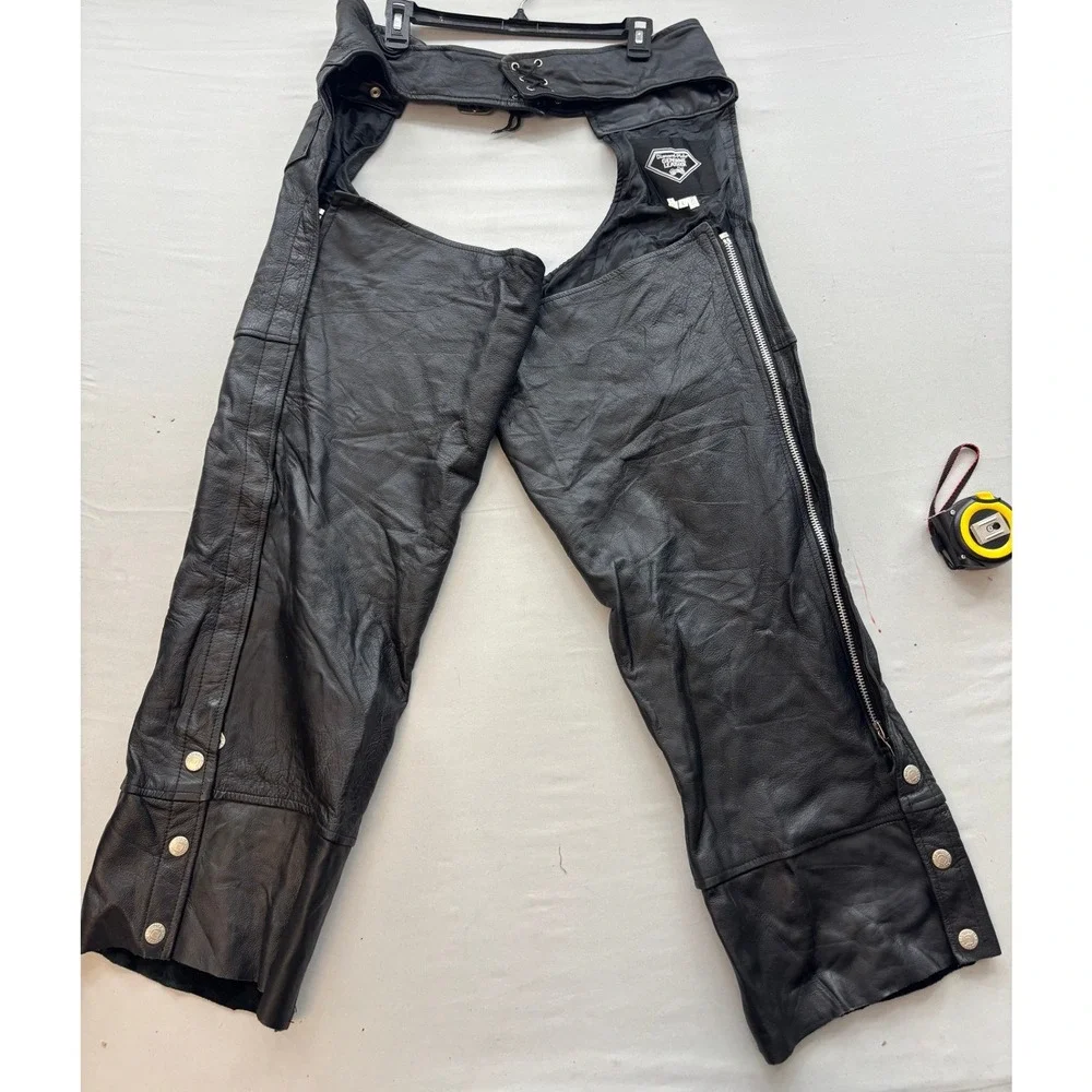 Diamond Plate Genuine Black Leather Motorcycle Chaps Mens Large Biker Gear